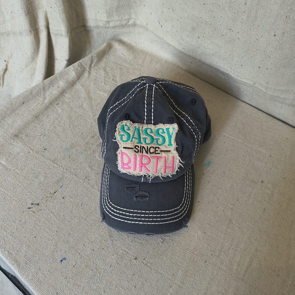 Women's Distressed Blk Adj Cap- Black with Pink and Green Embroidery KBETHOS